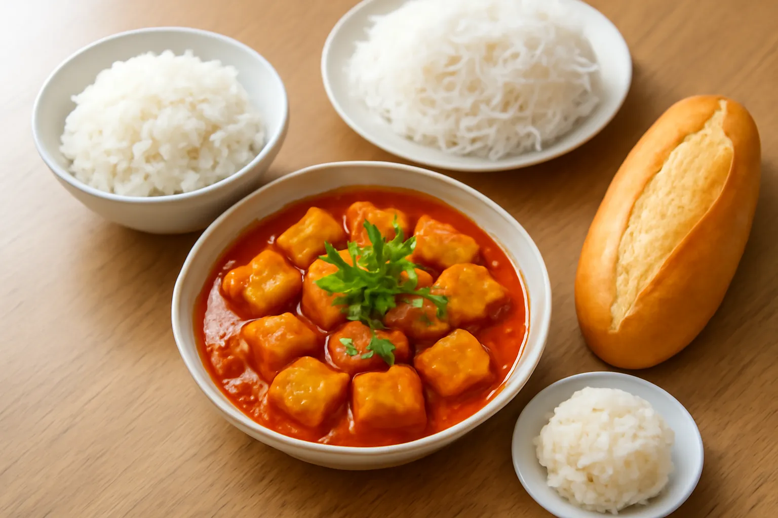 Bốn nền tinh bột đặt cạnh nhau: bát cơm trắng, đĩa bún, đĩa xôi và ổ bánh mì, giữa là đĩa đậu hũ sốt