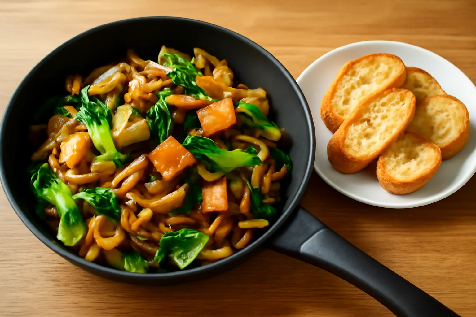 Chảo phở xào rau cải và đậu hũ chiên, bên cạnh vài lát bánh mì nướng vàng