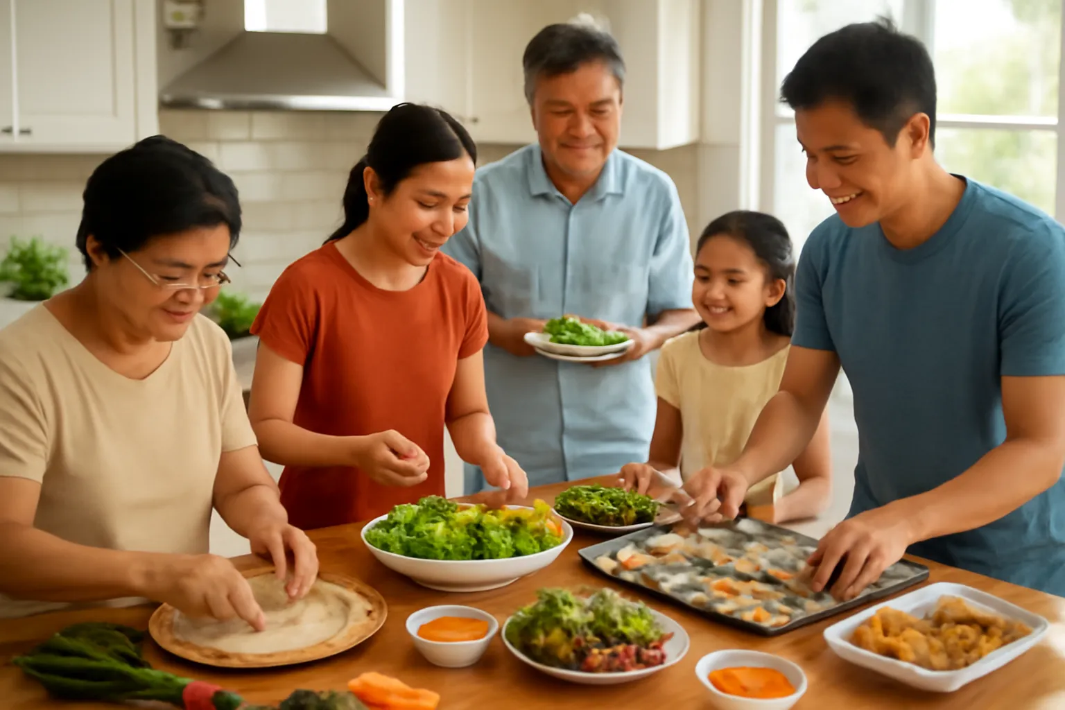 Gian bếp gia đình nhiều người cùng làm cỗ chay: người cuốn chả giò, người trộn gỏi, người xếp đĩa lên mâm