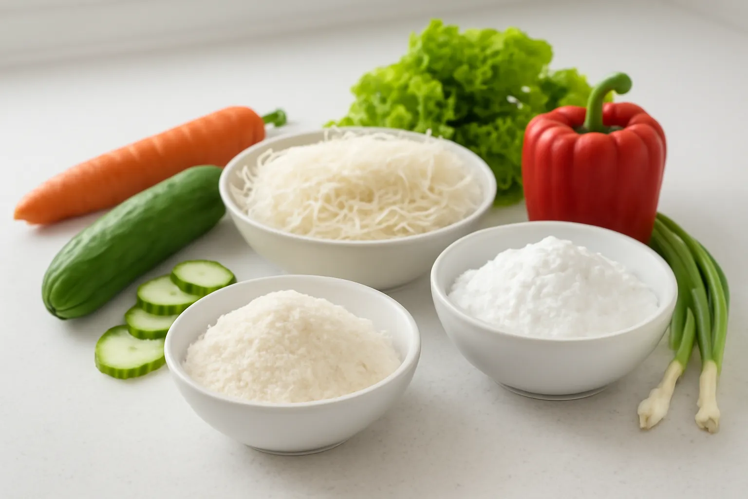 Bàn bếp với bột gạo, bột năng, bún gạo và rau củ chuẩn bị nấu món chay không gluten