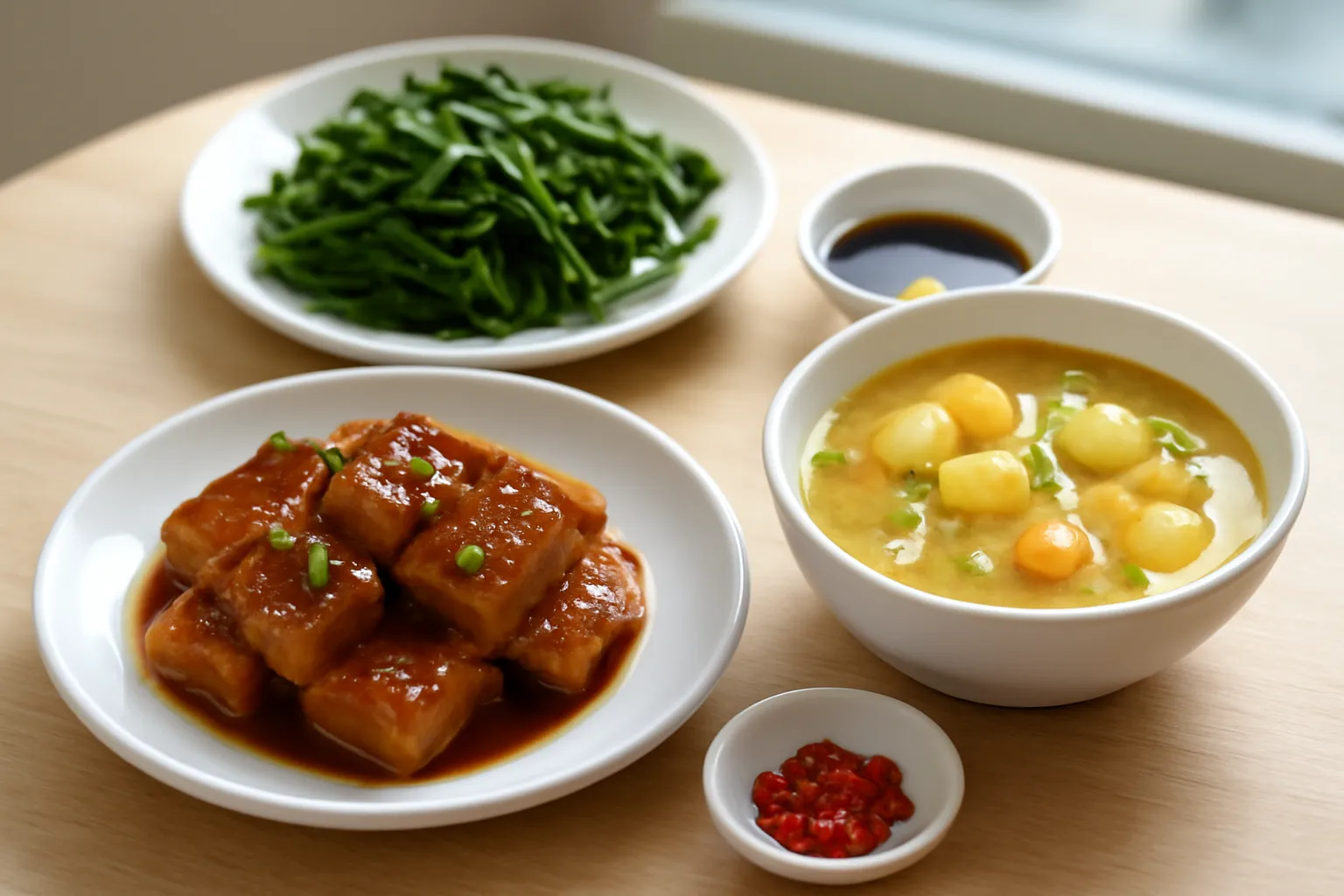 Bàn ăn có đĩa đậu hũ sốt me chua ngọt, bát canh chua, đĩa rau luộc và bát nước chấm có ớt