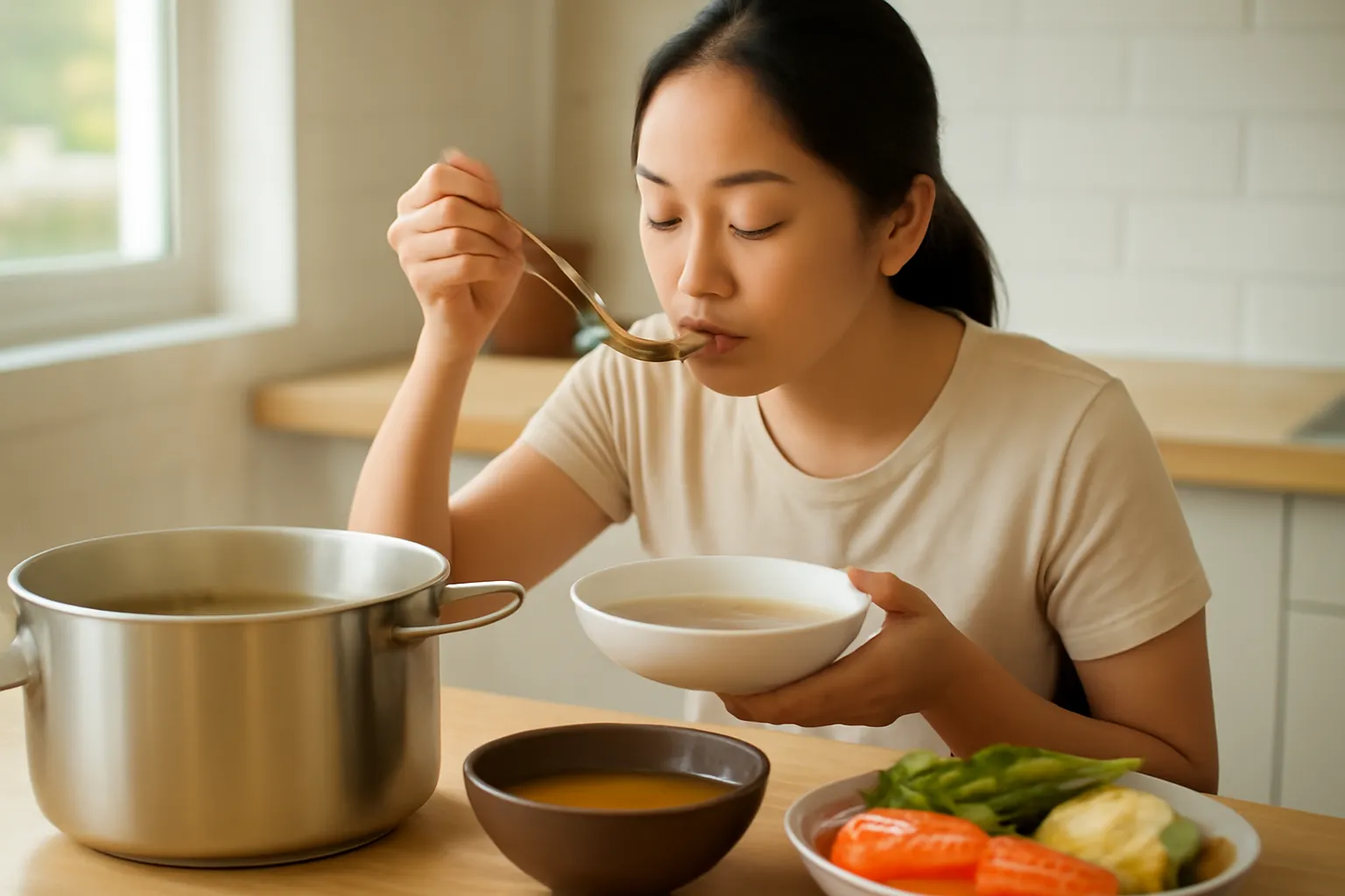 Người nấu đang nếm canh bằng thìa bên nồi, cạnh chén nước dùng và rau củ dự phòng