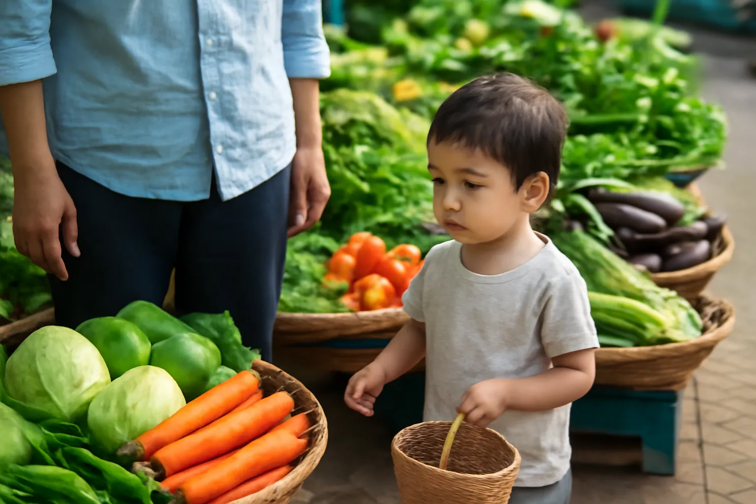 Một đứa trẻ cầm giỏ nhỏ đứng cạnh người lớn trước sạp rau củ nhiều màu
