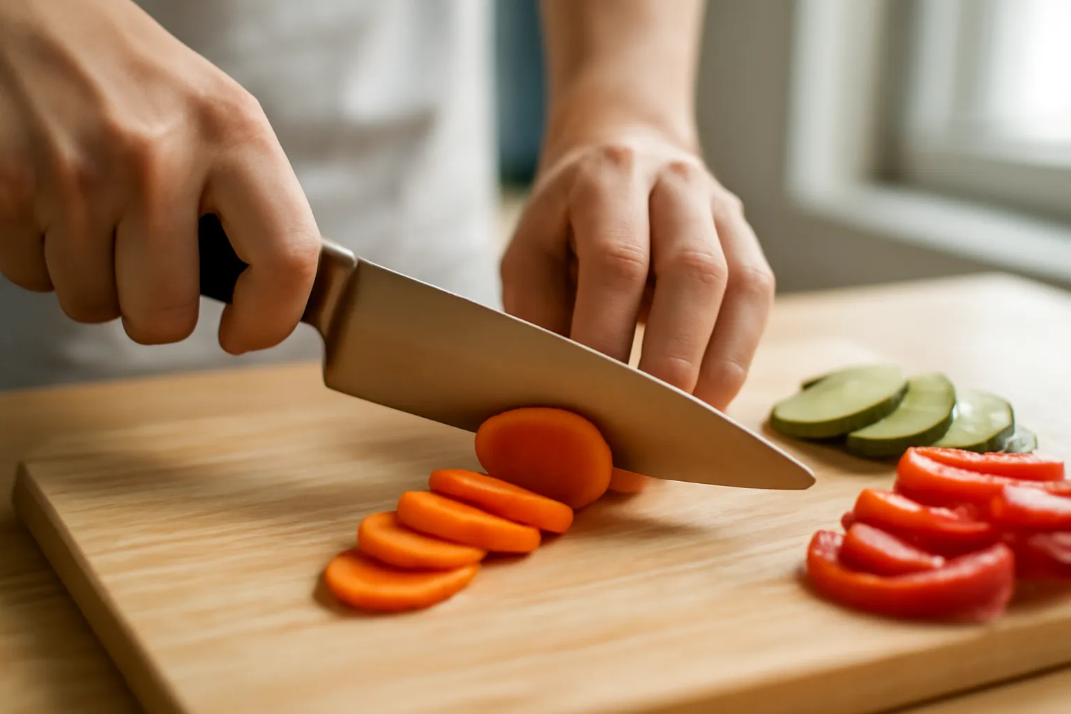 Tay người đang thái cà rốt trên thớt gỗ bằng dao bếp, các ngón tay giữ củ co lại