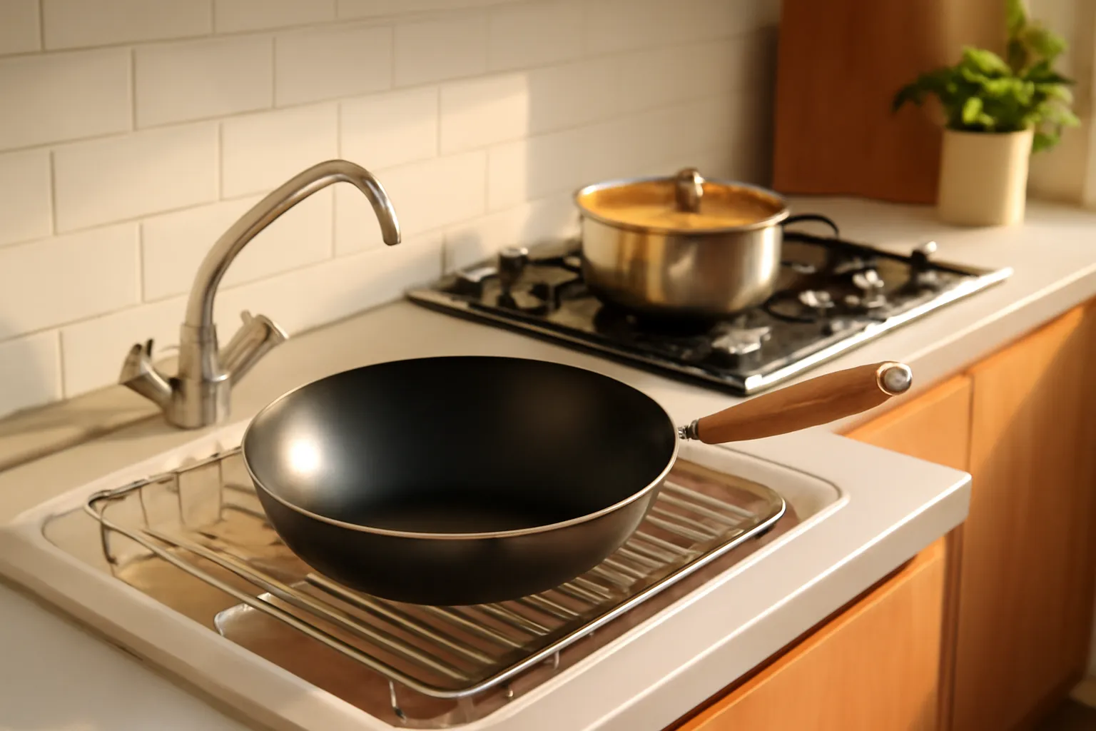 Bồn rửa bát gần như trống, một chiếc chảo vừa rửa úp trên giá, nồi canh đang sôi phía sau
