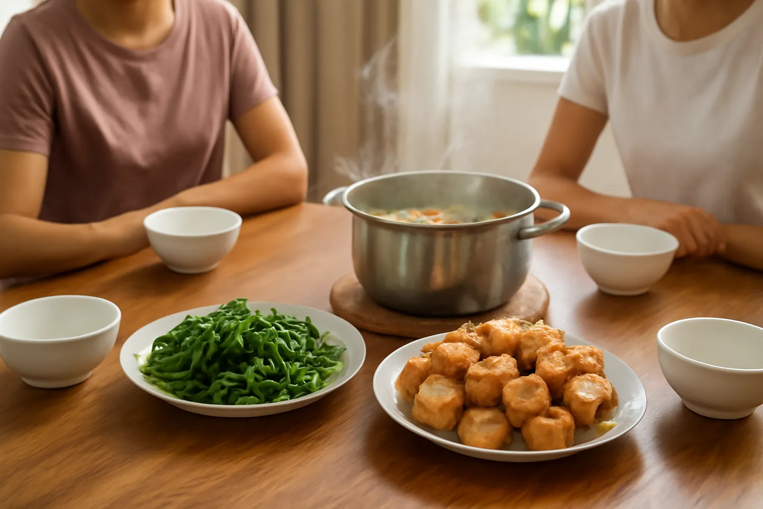 Bàn ăn gia đình bày vội vài đĩa món chay nóng, khách vừa ngồi xuống