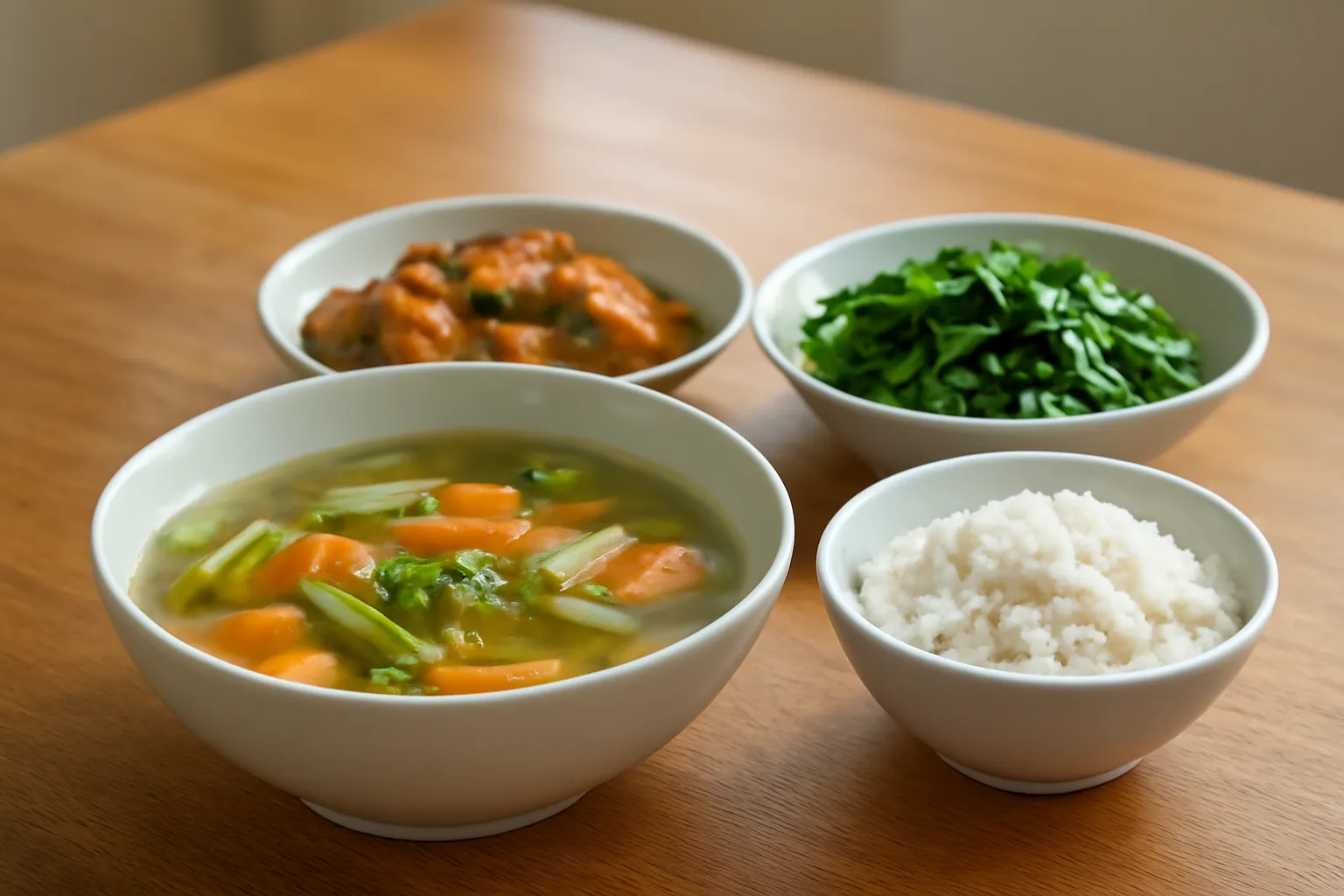 Mâm cơm chay nhìn nghiêng với một bát canh rau còn bốc hơi bên cạnh đĩa đậu hũ kho và đĩa rau xào