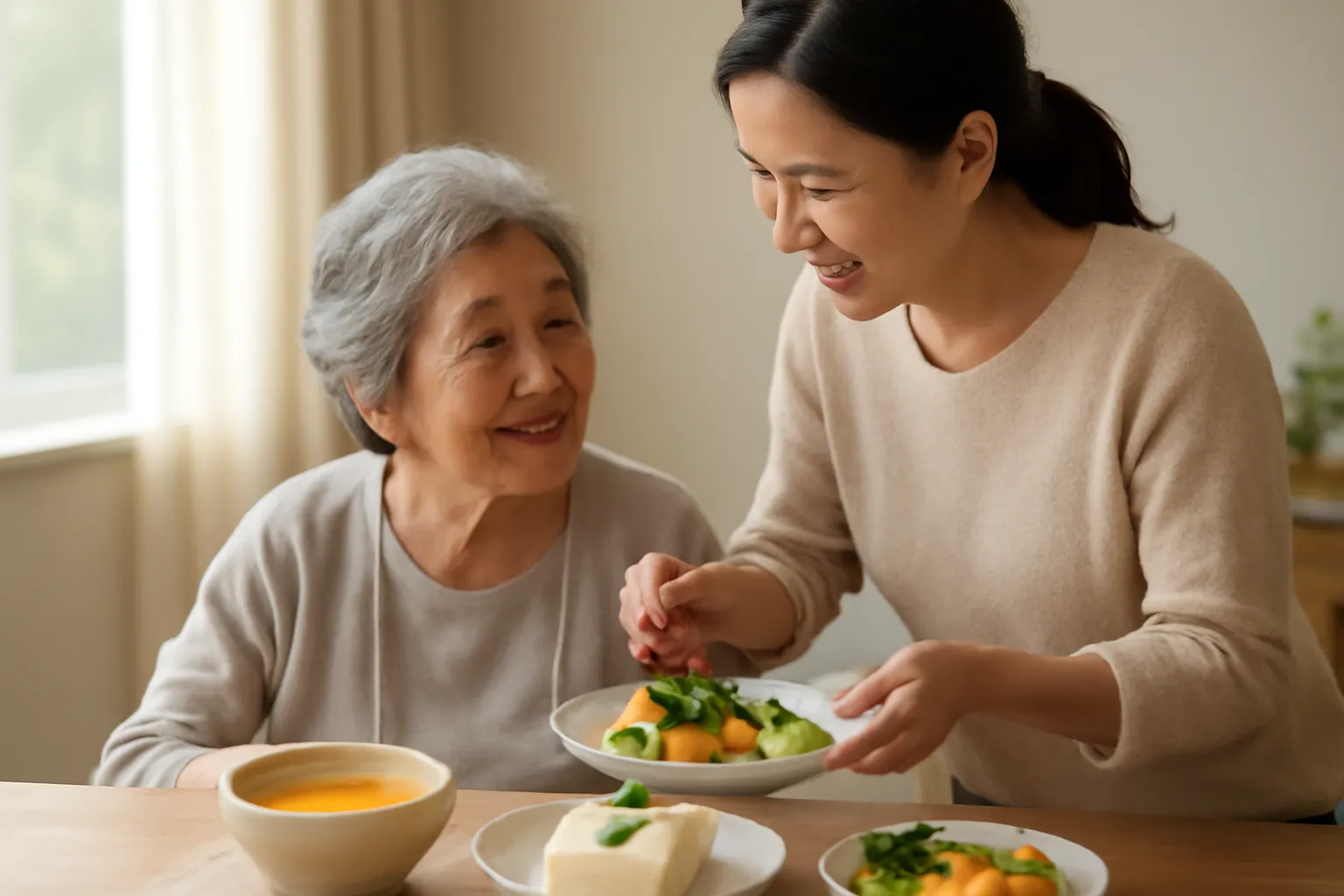 Bữa cơm chay gia đình với canh bí, đậu hũ non hấp, rau củ luộc và đĩa xôi, người con gắp thức ăn cho mẹ