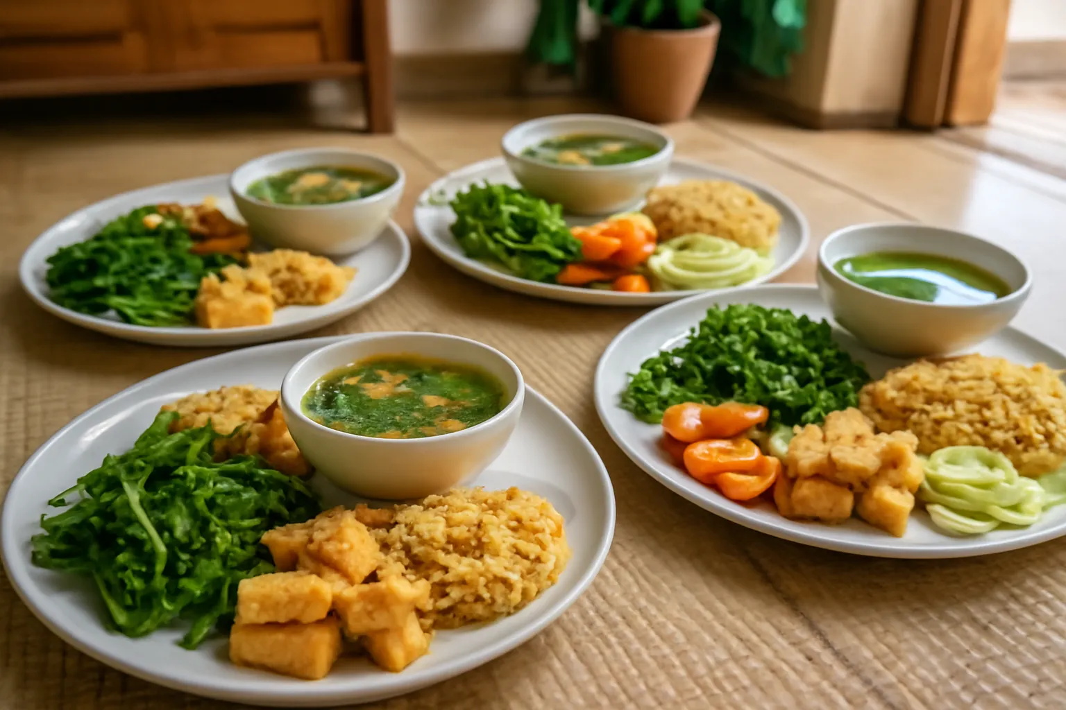 Nhiều mâm cỗ chay bày trên chiếu trong gian nhà, mỗi mâm có các đĩa món giống nhau và bát canh ở giữa