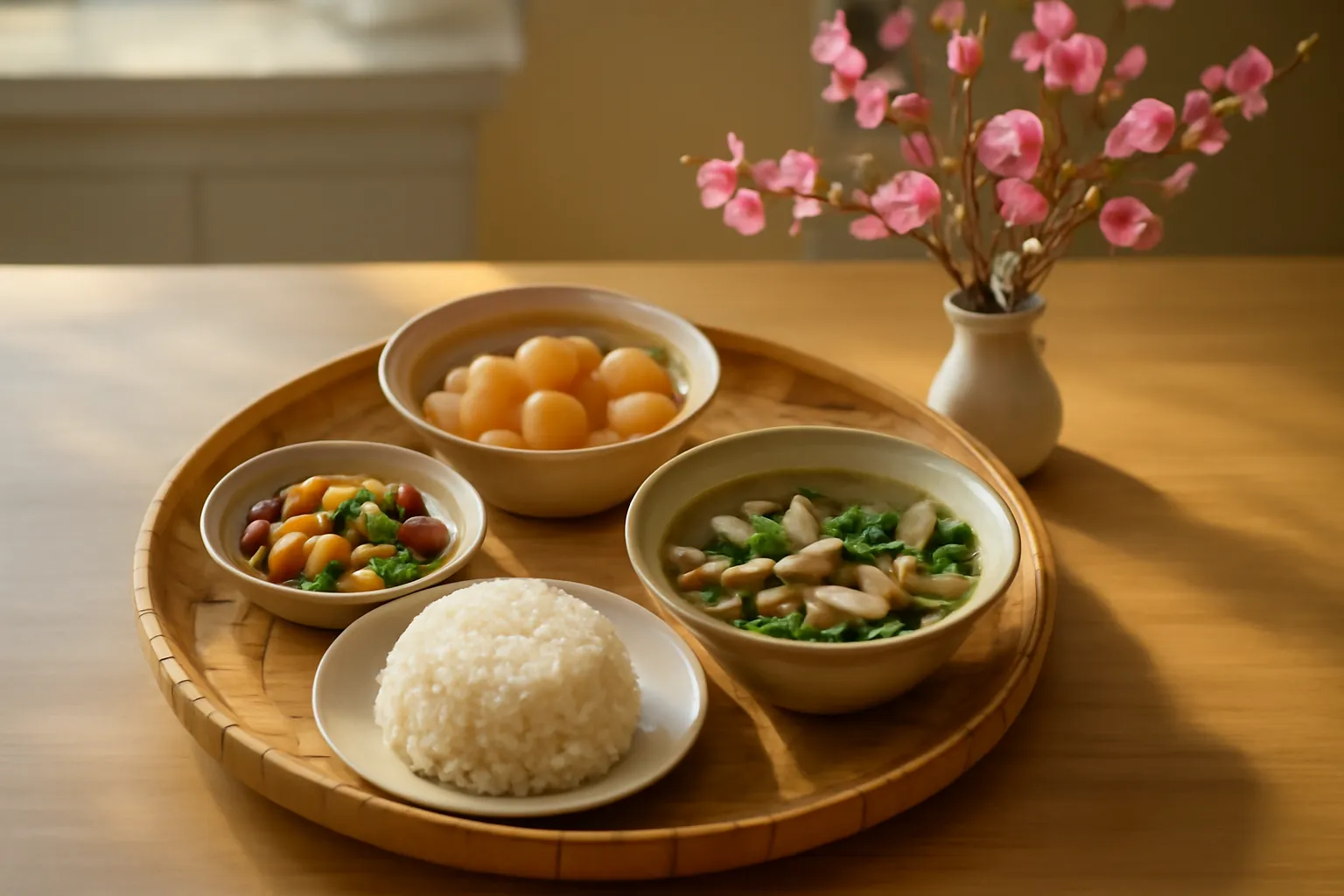 Mâm cúng chay cuối năm với xôi, chè, canh nấm, đĩa giò chay và bình hoa đào nhỏ trong gian bếp ấm