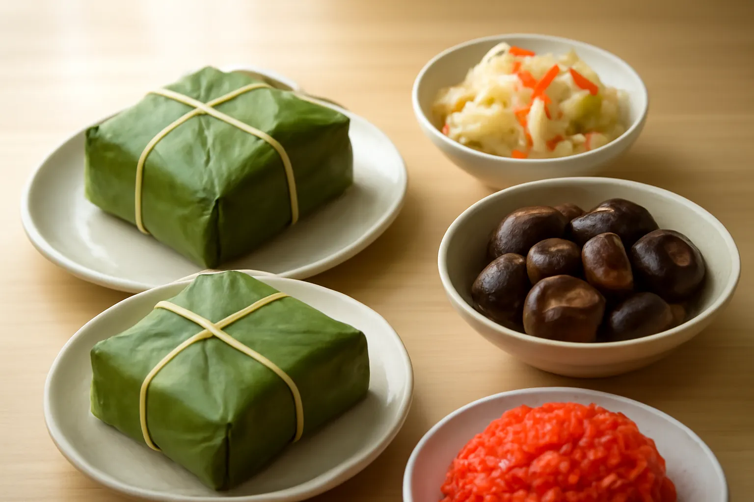 Mâm Tết chay với bánh chưng, đĩa giò chay cắt khoanh, nấm kho, dưa món và đĩa xôi gấc đỏ trên bàn gỗ