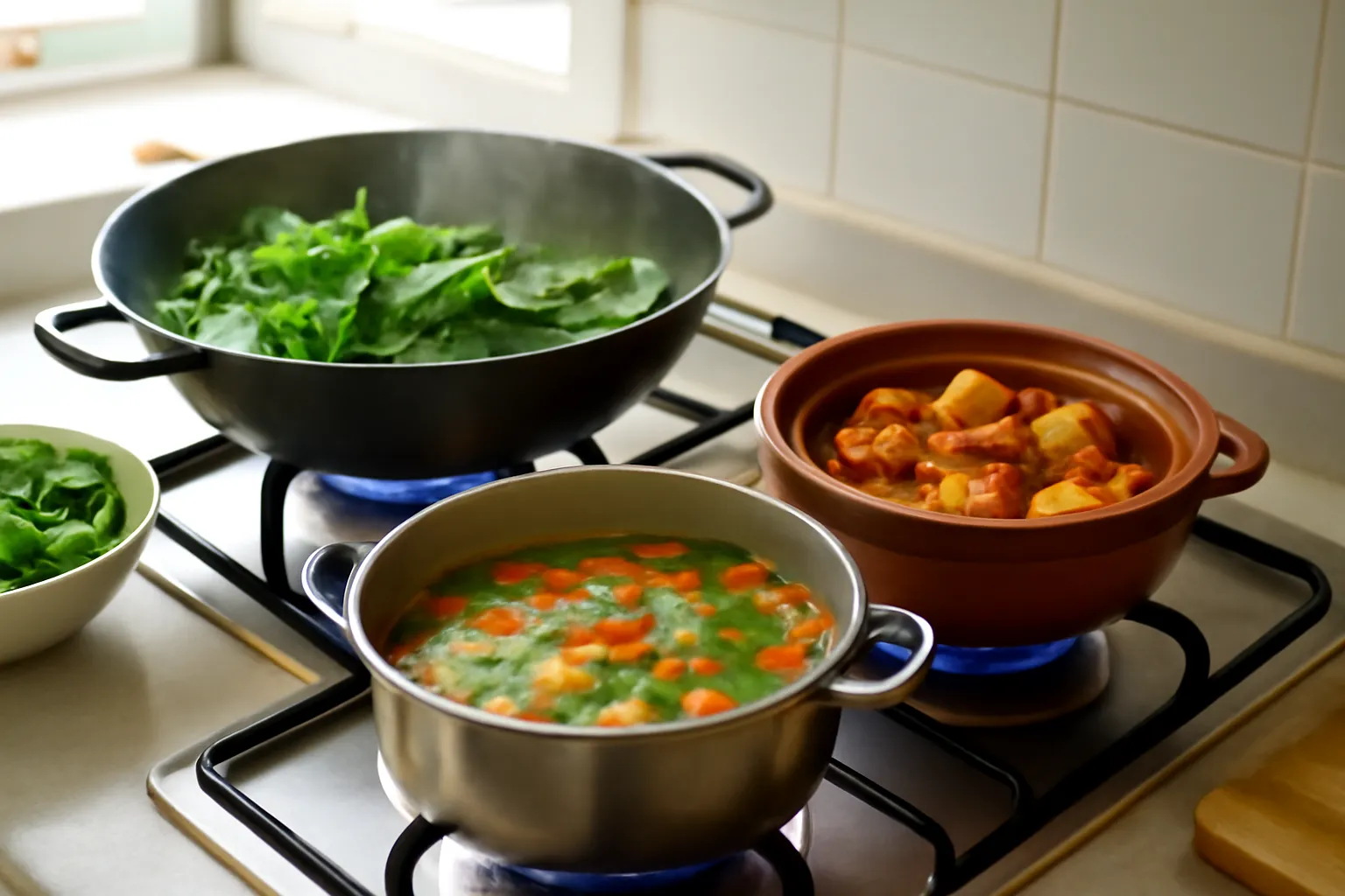 Bếp ga hai lò đang nấu một nồi canh và một chảo xào, bên cạnh là nồi kho nhỏ