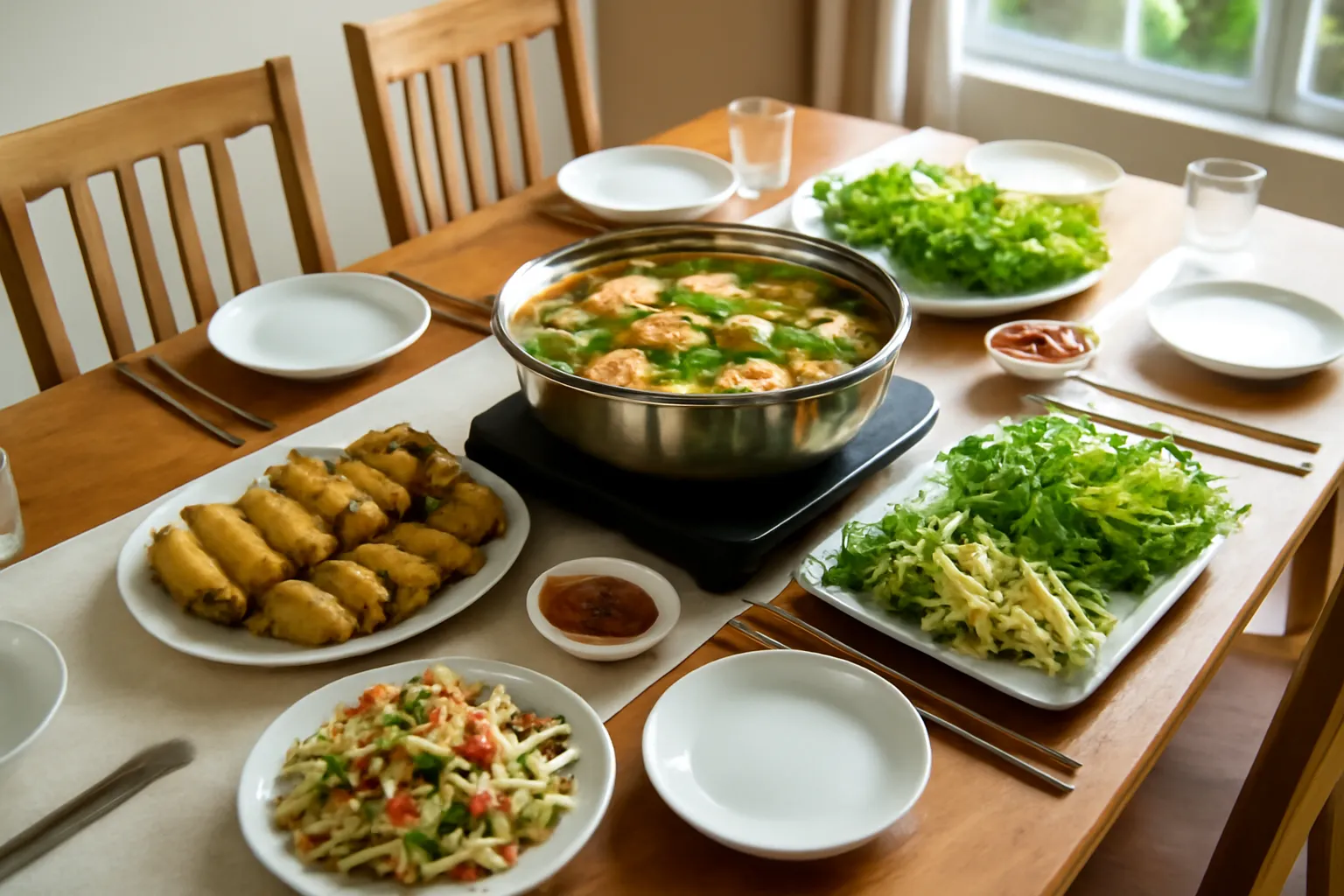 Bàn dài bày sẵn nhiều đĩa món chay và một nồi lẩu lớn ở giữa, ghế xếp quanh bàn