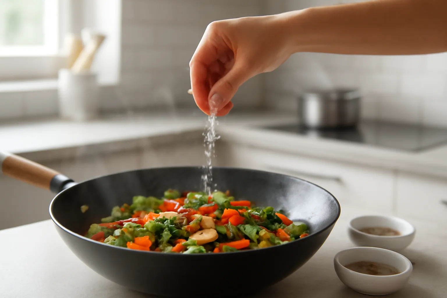 Bàn tay rắc một nhúm muối vào chảo rau củ đang xào, bên cạnh các chén gia vị nhỏ