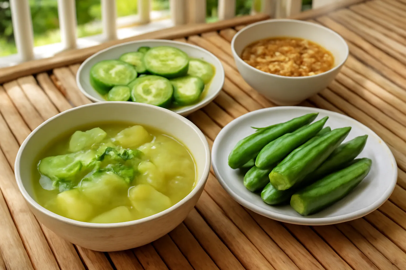 Bàn ăn ngày hè với bát canh bầu, đĩa đậu bắp luộc, đĩa dưa leo và chè đậu xanh