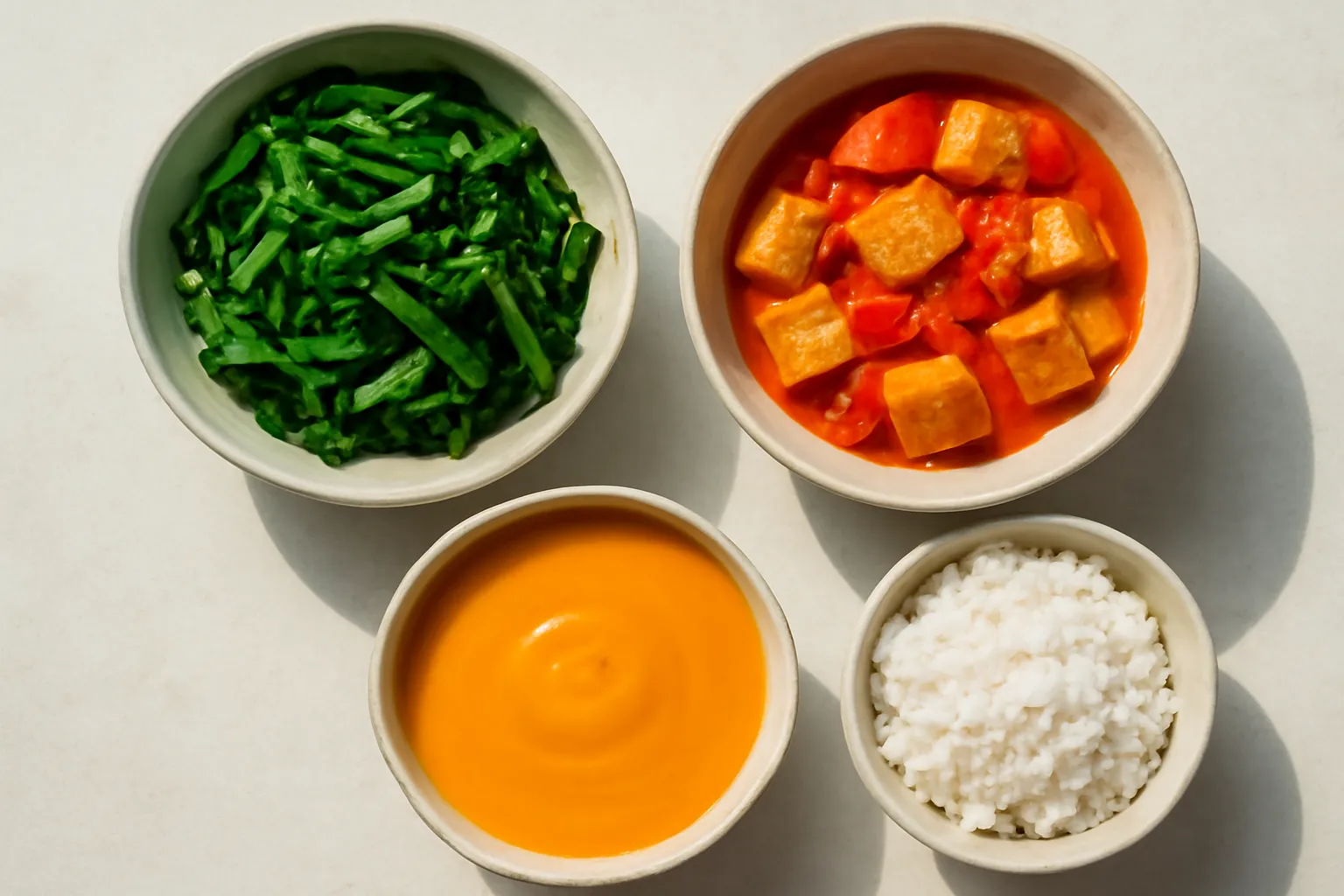 Mâm cơm chay nhìn từ trên xuống với đĩa rau xanh, đĩa đậu sốt cà đỏ, bát canh bí đỏ vàng cam