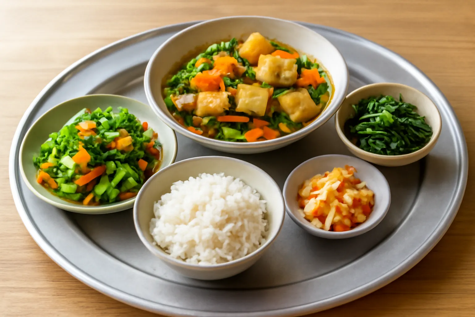 Mâm cơm gia đình với nhiều đĩa rau củ, đậu hũ và một đĩa nhỏ đặt riêng bên mép mâm