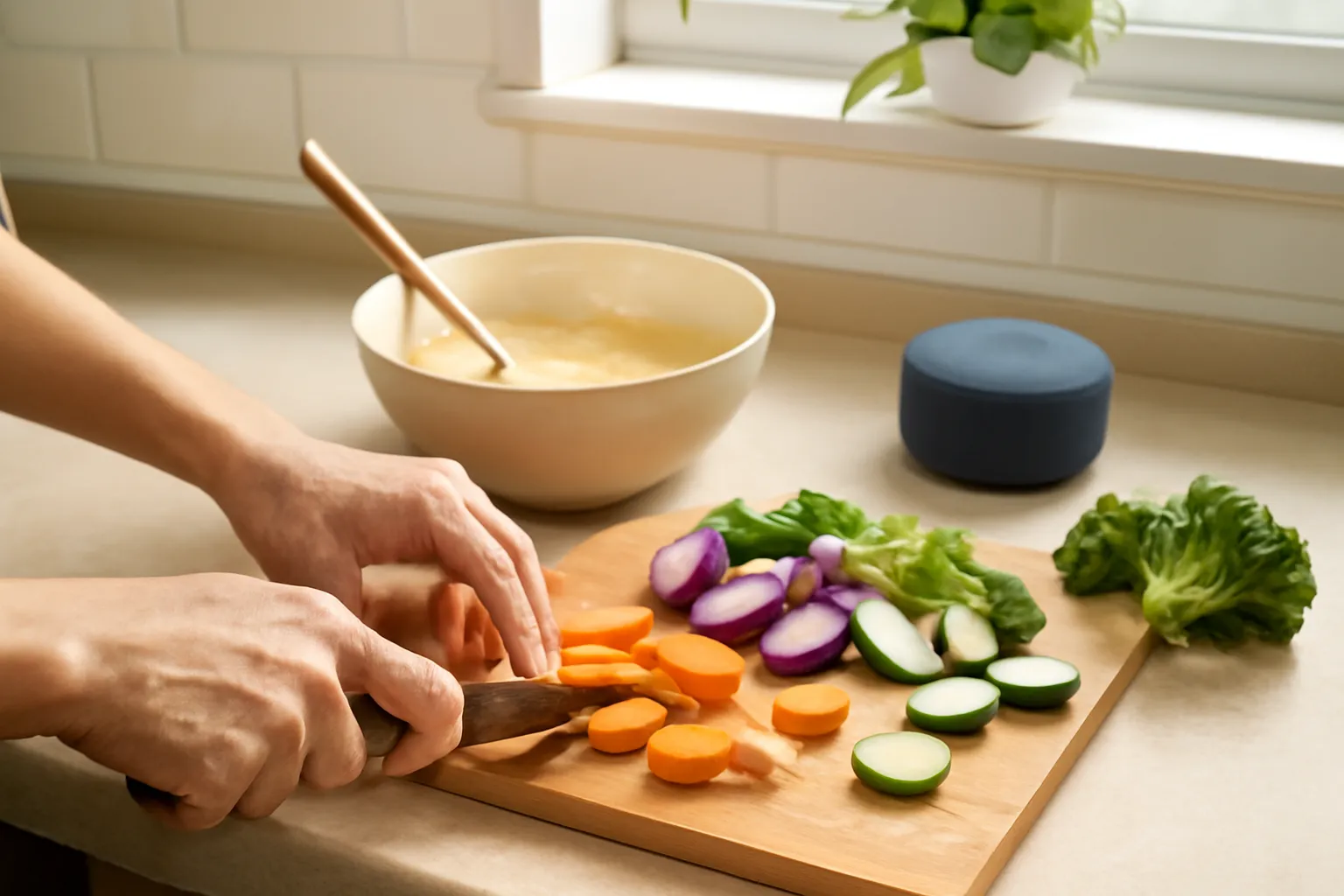 Bàn bếp với thớt rau củ đang thái dở, tô bột và một chiếc loa nhỏ đặt ở góc