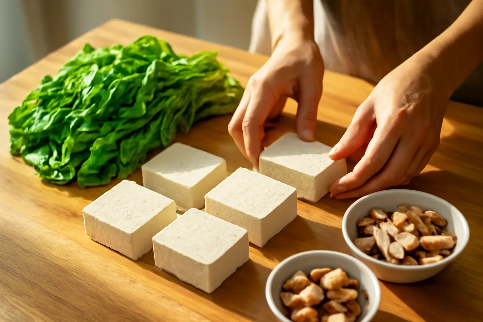 Đôi tay đặt các bìa đậu hũ và rổ rau lên bàn bếp, chia thành nhiều phần